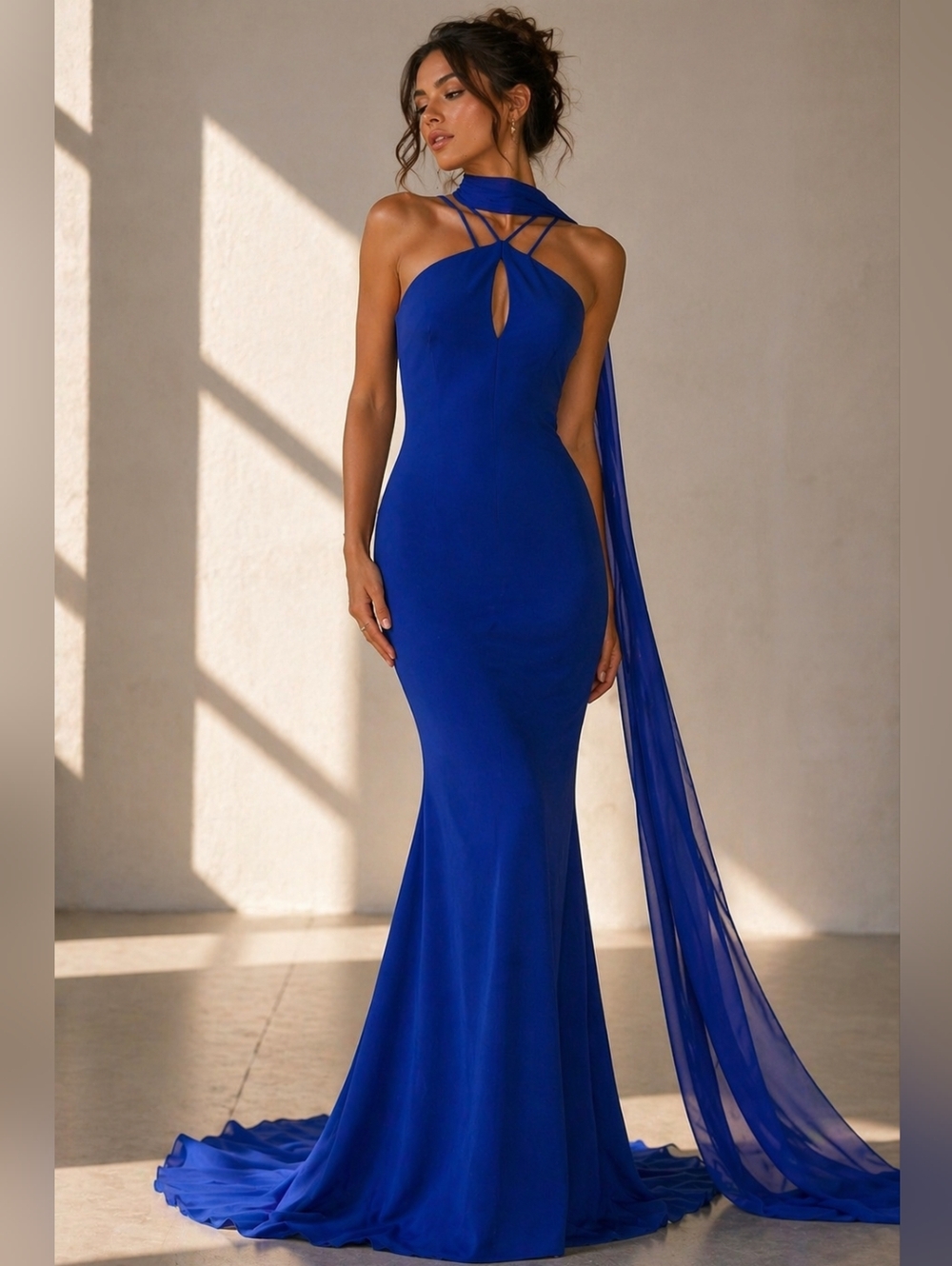 Calvin Klein Blue Bias Cut Evening Gown with Train & Matching Scarf